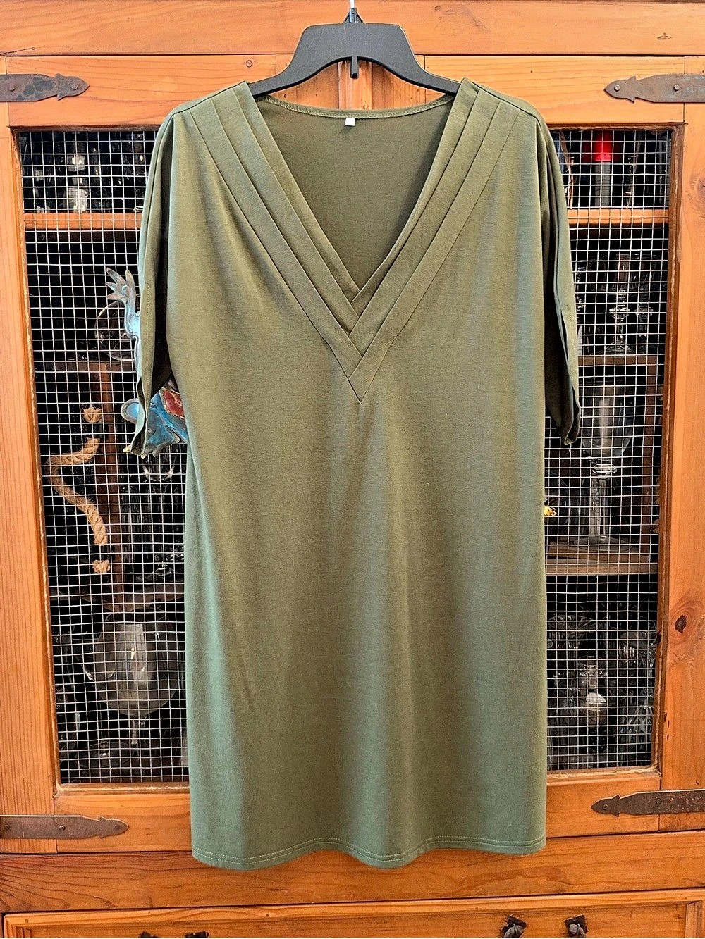 Olive Green Layered V-Neck Split Sleeve Tunic Top Size Medium